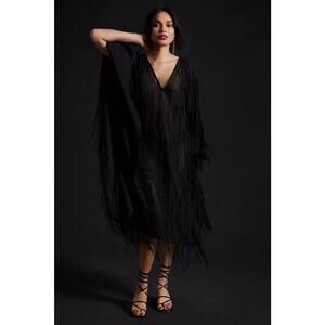 NWT Maeve By Anthropologie Black Fringed Shine Kaftan Dress OS Sheer Sexy